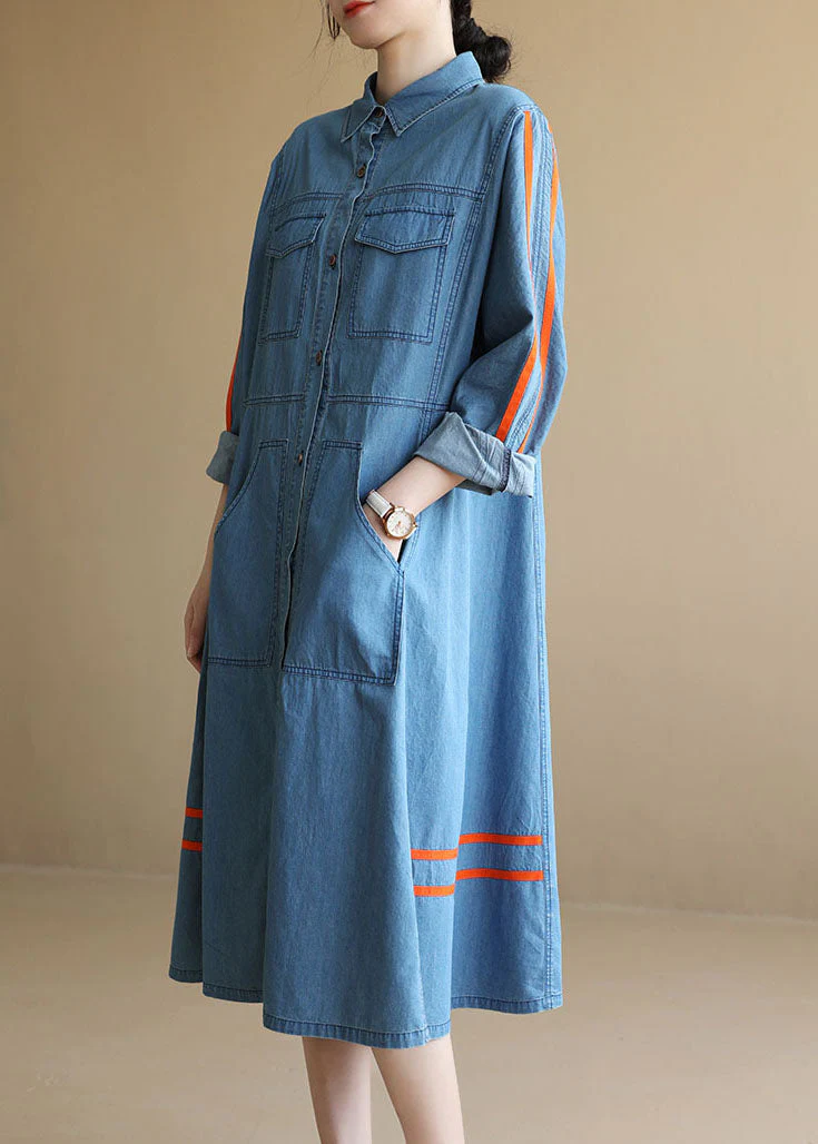 Plus Size Denim Blue Pockets Patchwork Tie Waist Cotton Long Dress Long Sleeve - republicanstateiPlus Size Denim Blue Pockets Patchwork Tie Waist Cotton Long Dress Long Sleeve - republicanstatei