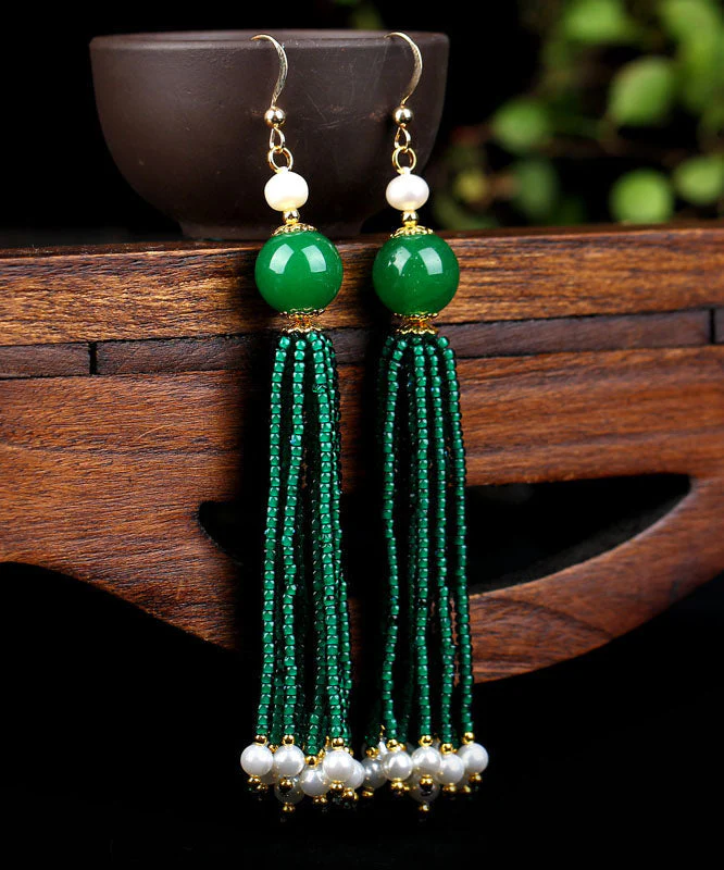 Handmade Blackish Green 14K Gold Pearl Dry Green Glass Beads Drop Earrings - republicanstateiHandmade Blackish Green 14K Gold Pearl Dry Green Glass Beads Drop Earrings - republicanstatei