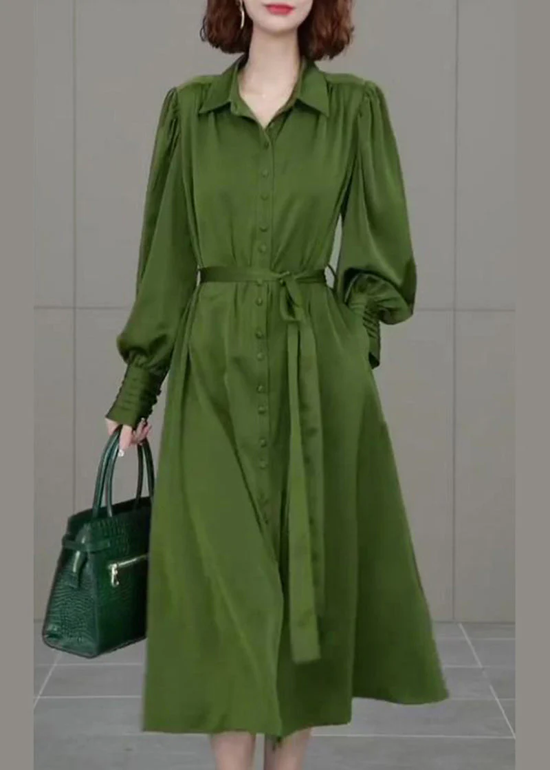 French Army Green Peter Pan Collar Tie Waist Chiffon Vacation Dresses Spring - republicanstateiFrench Army Green Peter Pan Collar Tie Waist Chiffon Vacation Dresses Spring - republicanstatei
