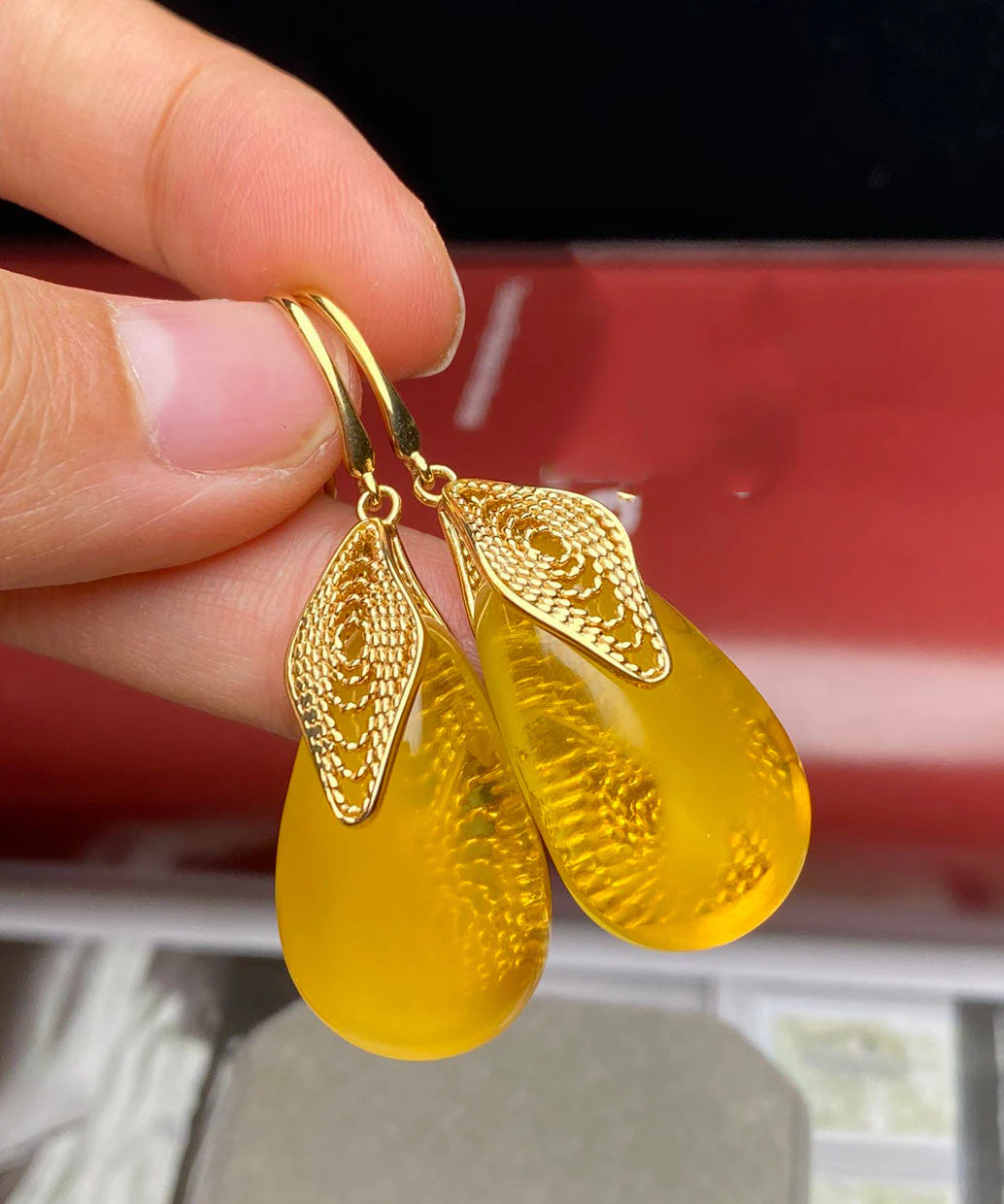 Style Yellow Sterling Silver Overgild Inlaid Beeswax Amberr Water Drop Drop Earrings - republicanstateiStyle Yellow Sterling Silver Overgild Inlaid Beeswax Amberr Water Drop Drop Earrings - republicanstatei