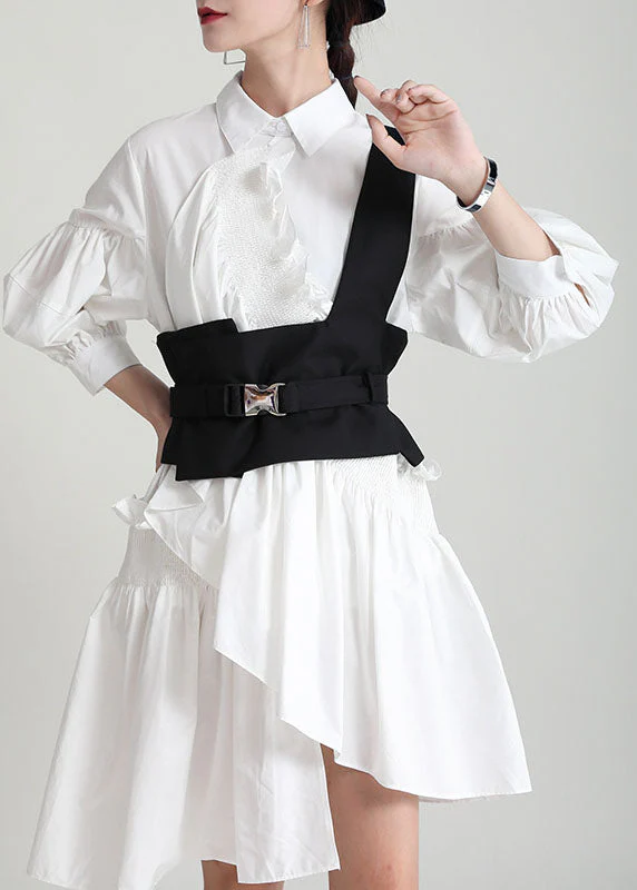 French White Asymmetrical Patchwork Ruffles Cotton Shirt Dress Lantern Sleeve - republicanstateiFrench White Asymmetrical Patchwork Ruffles Cotton Shirt Dress Lantern Sleeve - republicanstatei