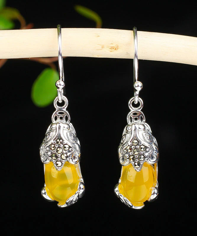 Retro Yellow Sterling Silver Inlaid Chalcedony A Mythical Wild Animal Drop Earrings - republicanstateiRetro Yellow Sterling Silver Inlaid Chalcedony A Mythical Wild Animal Drop Earrings - republicanstatei