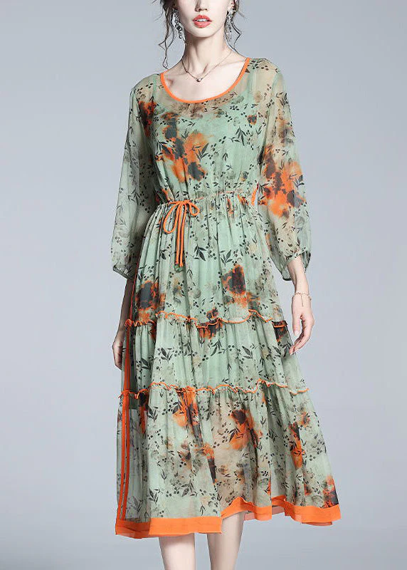 French Grass Green Print Patchwork Drawstring Tie Waist Silk Maxi Dress Spring - republicanstateiFrench Grass Green Print Patchwork Drawstring Tie Waist Silk Maxi Dress Spring - republicanstatei