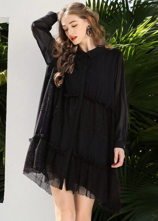 Fashion Black Peter Pan Collar Lace Patchwork Chiffon Holiday Dress Spring - republicanstateiFashion Black Peter Pan Collar Lace Patchwork Chiffon Holiday Dress Spring - republicanstatei