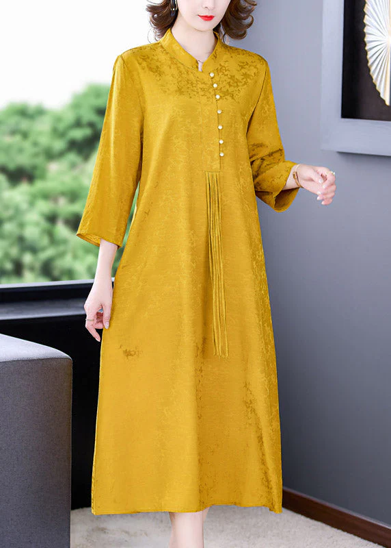 Elegant Yellow Stand Collar Tassel Button Silk Long Dresses Long Sleeve - republicanstateiElegant Yellow Stand Collar Tassel Button Silk Long Dresses Long Sleeve - republicanstatei