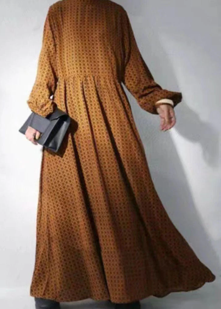 Brown Dot Print Chiffon Maxi Dresses Stand Collar Wrinkled Long Sleeve - republicanstateiBrown Dot Print Chiffon Maxi Dresses Stand Collar Wrinkled Long Sleeve - republicanstatei