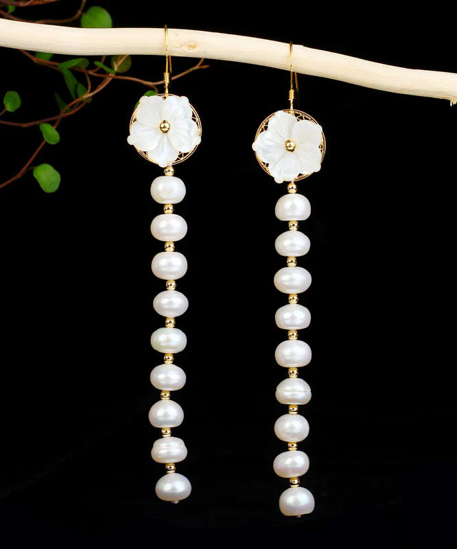 Skinny White Sterling Silver Overgild Pearl Shell Flower Tassel Drop Earrings - republicanstateiSkinny White Sterling Silver Overgild Pearl Shell Flower Tassel Drop Earrings - republicanstatei