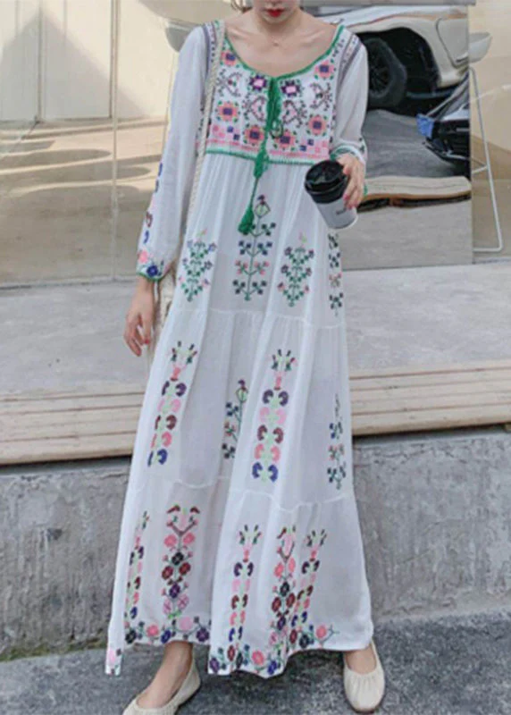 Bohemian White O-Neck Embroideried Floral Cotton Holiday Dresses Long Sleeve - republicanstateiBohemian White O-Neck Embroideried Floral Cotton Holiday Dresses Long Sleeve - republicanstatei