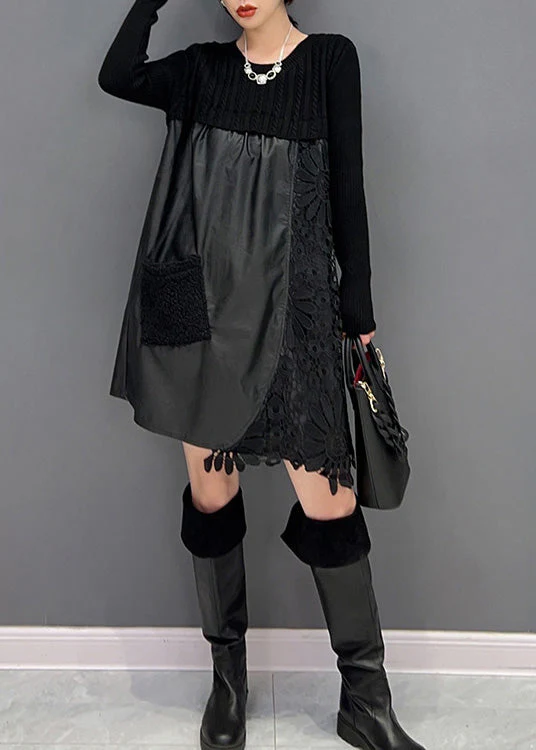 Modern Black O-Neck Embroideried Knit Patchwork Faux Leather Mid Dress Winter - republicanstateiModern Black O-Neck Embroideried Knit Patchwork Faux Leather Mid Dress Winter - republicanstatei