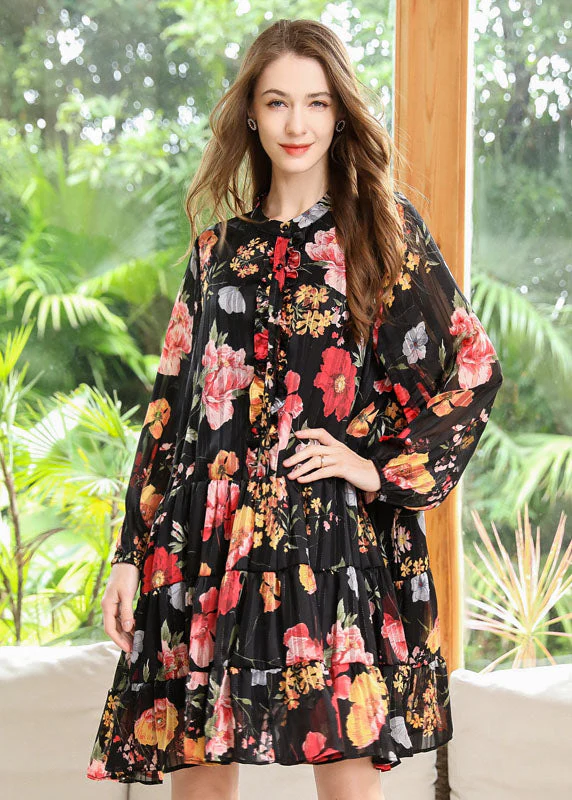Women Black Stand Collar Patchwork Print Chiffon Pleated Dresses Spring - republicanstateiWomen Black Stand Collar Patchwork Print Chiffon Pleated Dresses Spring - republicanstatei