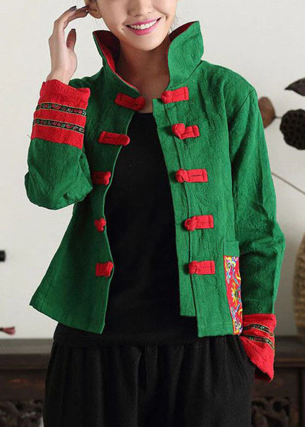 Unique Green Stand Collar Embroideried Patchwork Cotton Chinese Style Coats Spring - republicanstateiUnique Green Stand Collar Embroideried Patchwork Cotton Chinese Style Coats Spring - republicanstatei