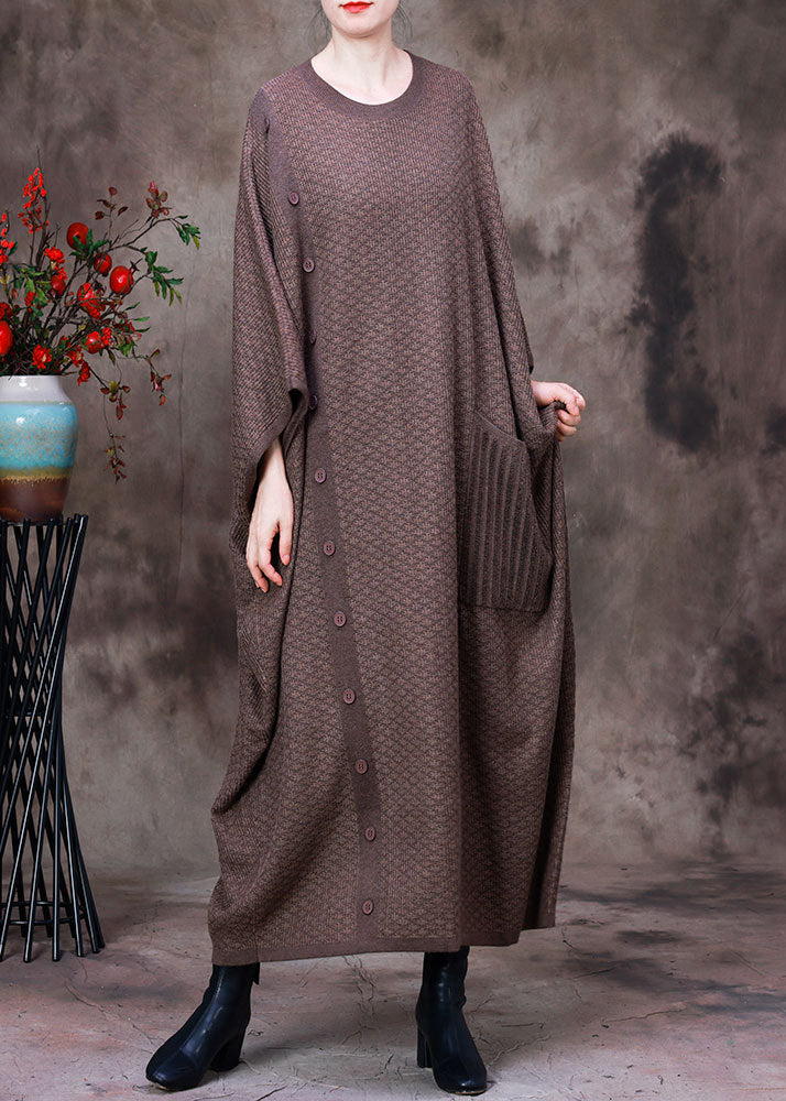 Women Light Chocolate O-Neck Button Pockets Cashmere Maxi Dress Long Sleeve - republicanstateiWomen Light Chocolate O-Neck Button Pockets Cashmere Maxi Dress Long Sleeve - republicanstatei