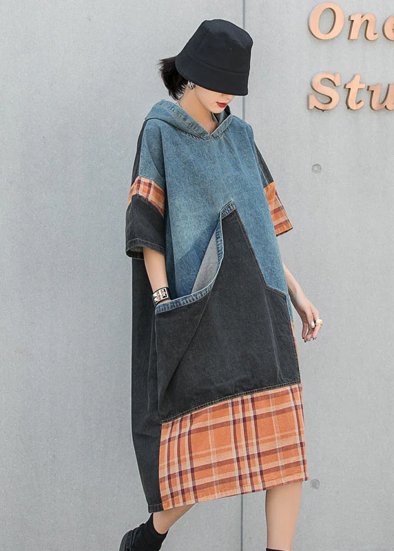 Plus Size Blue hooded Patchwork Plaid Pockets Fall Denim Dresses Half Sleeve - republicanstateiPlus Size Blue hooded Patchwork Plaid Pockets Fall Denim Dresses Half Sleeve - republicanstatei