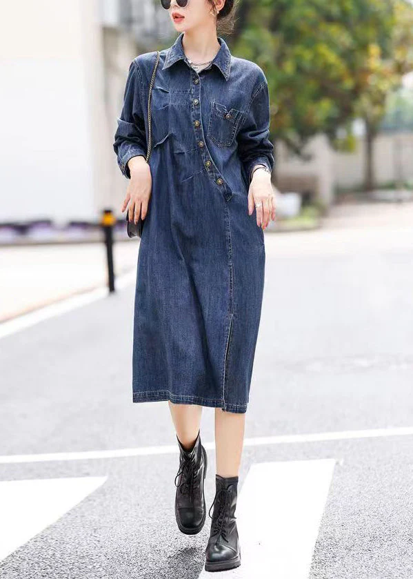 Vogue Blue Asymmetrical Patchwork Side openOpen Button Denim Long Dresses Fall - republicanstateiVogue Blue Asymmetrical Patchwork Side openOpen Button Denim Long Dresses Fall - republicanstatei