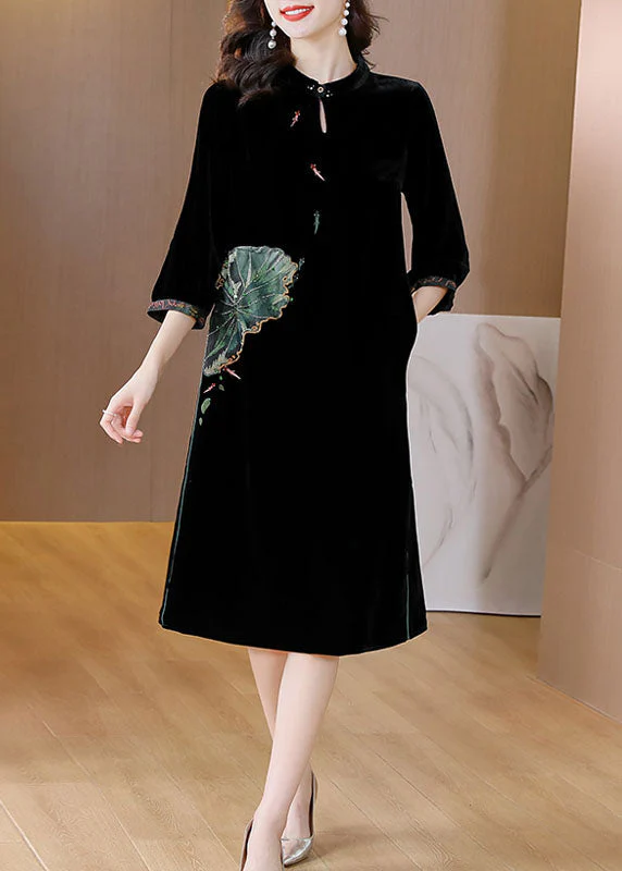 Women Black O-NeckPockets Button Silk Velour Long Dresses Bracelet Sleeve - republicanstateiWomen Black O-NeckPockets Button Silk Velour Long Dresses Bracelet Sleeve - republicanstatei