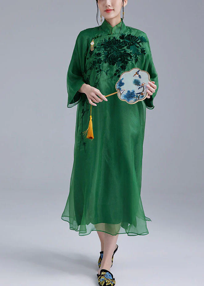Fine Green Mandarin Collar Embroideried Tulle Silk A Line Dress Bracelet Sleeve - republicanstateiFine Green Mandarin Collar Embroideried Tulle Silk A Line Dress Bracelet Sleeve - republicanstatei