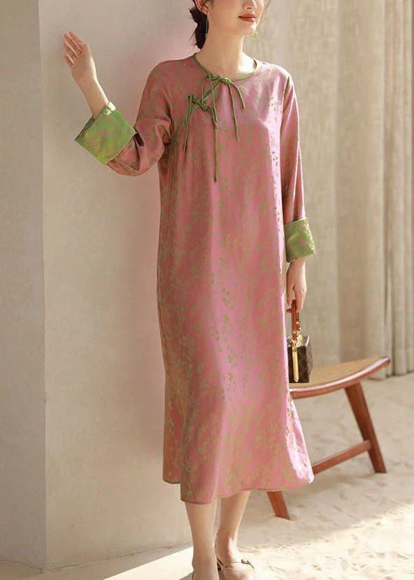 Chinese Style Pink O Neck Tasseled Patchwork Print Silk Dresses Spring - republicanstateiChinese Style Pink O Neck Tasseled Patchwork Print Silk Dresses Spring - republicanstatei