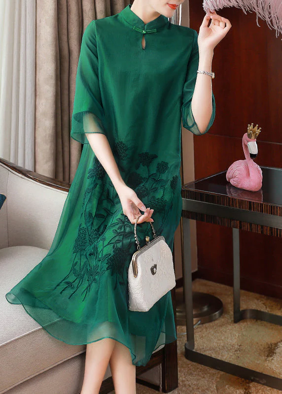 Elegant Green Stand Collar Embroideried Floral Button Tulle Long Dresses Half Sleeve - republicanstateiElegant Green Stand Collar Embroideried Floral Button Tulle Long Dresses Half Sleeve - republicanstatei