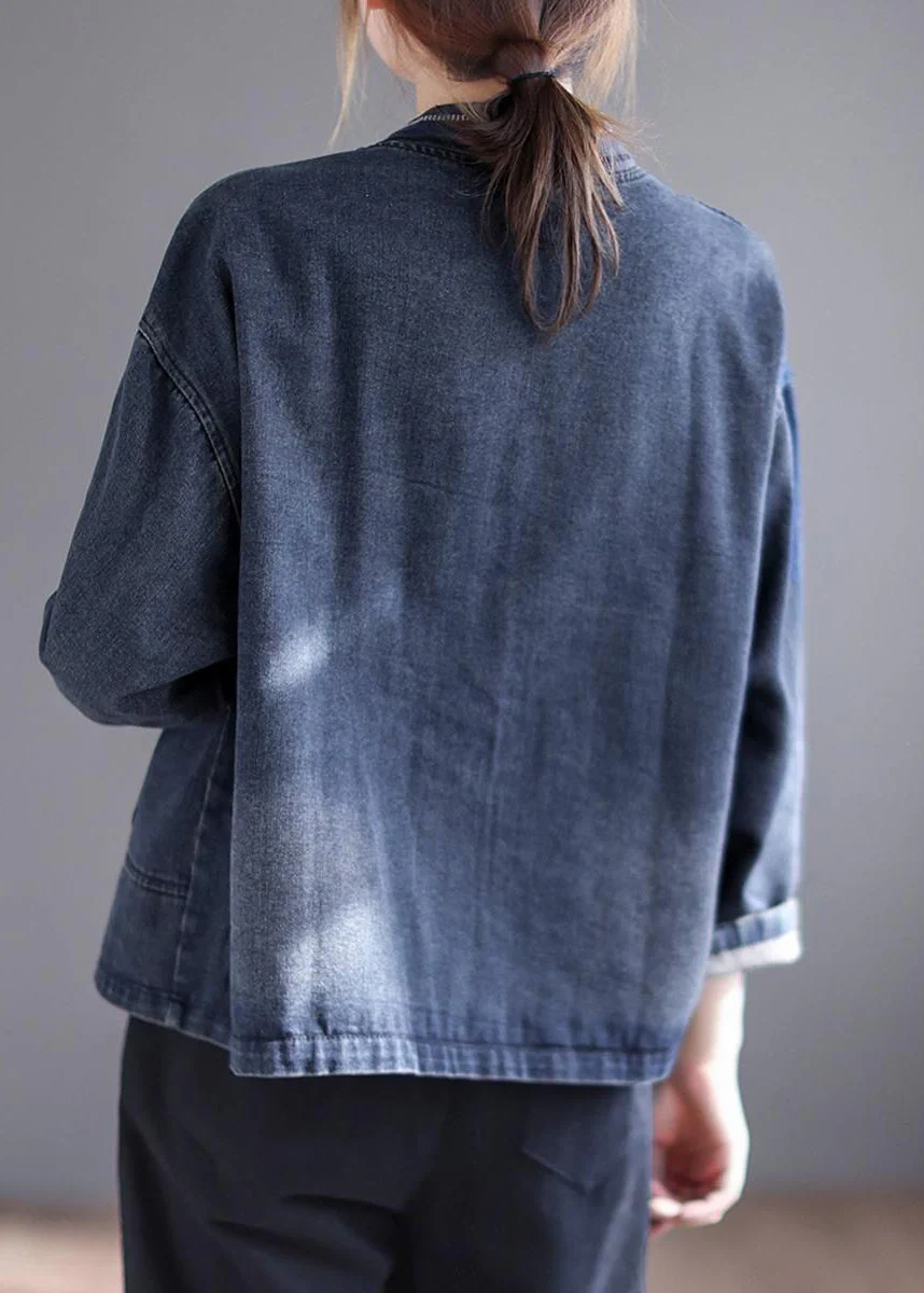 Fashion Blue V Neck Embroideried Patchwork Button Pockets Cotton Denim Coat Long Sleeve - republicanstateiFashion Blue V Neck Embroideried Patchwork Button Pockets Cotton Denim Coat Long Sleeve - republicanstatei