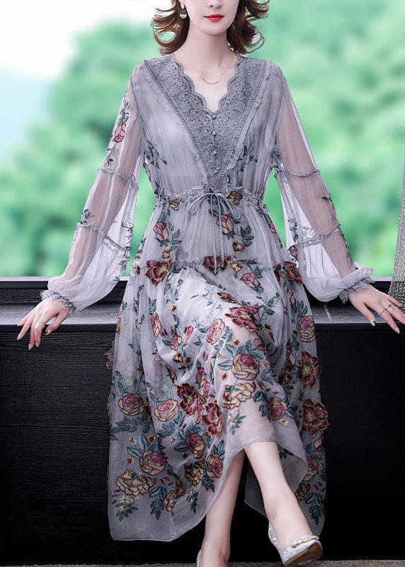 Women Grey V Neck Patchwork Embroideried Silk Cinched Dress Lantern Sleeve - republicanstateiWomen Grey V Neck Patchwork Embroideried Silk Cinched Dress Lantern Sleeve - republicanstatei