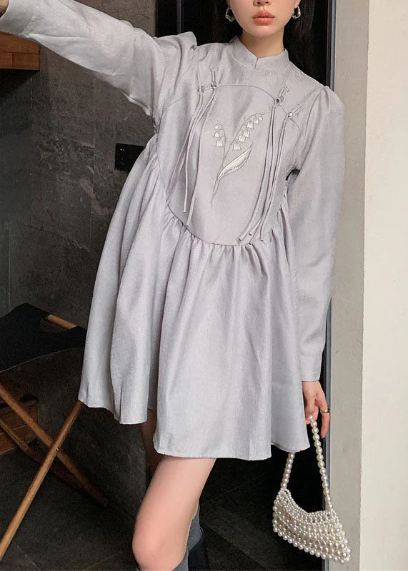 Fashion Grey Stand Collar Tasseled Embroideried Patchwork Silk Dress Spring - republicanstateiFashion Grey Stand Collar Tasseled Embroideried Patchwork Silk Dress Spring - republicanstatei