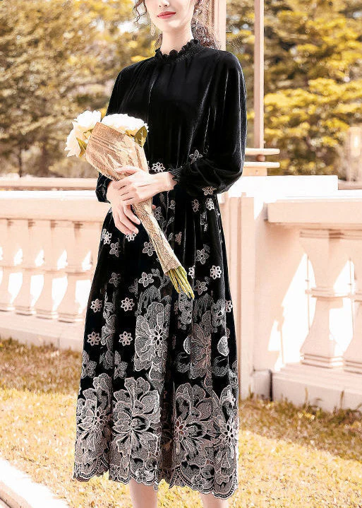 French Black Stand Collar Embroideried Silk Velour Cinched Dresses Spring - republicanstateiFrench Black Stand Collar Embroideried Silk Velour Cinched Dresses Spring - republicanstatei