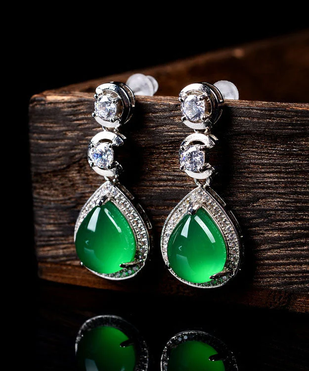 Casual Green Sterling Silver Inlaid Zircon Chalcedony Water Drop Drop Earrings - republicanstateiCasual Green Sterling Silver Inlaid Zircon Chalcedony Water Drop Drop Earrings - republicanstatei