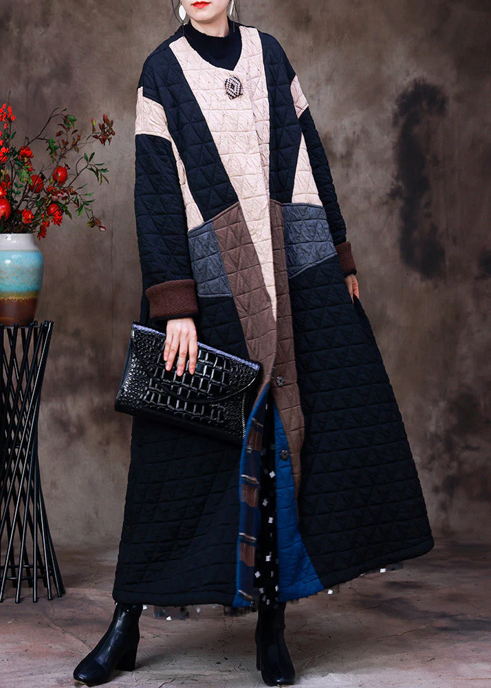 Style Apricot Black Colour Patchwork O-Neck Cotton Thick Long Coat Long Sleeve - republicanstateiStyle Apricot Black Colour Patchwork O-Neck Cotton Thick Long Coat Long Sleeve - republicanstatei