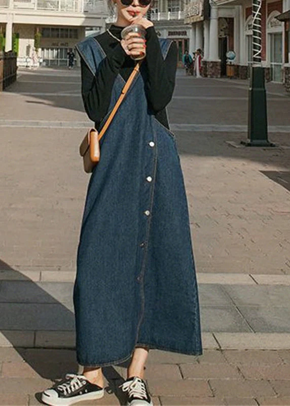 Handmade Blue V Neck Asymmetrical Design Patchwork Denim Maxi Dresses Fall - republicanstateiHandmade Blue V Neck Asymmetrical Design Patchwork Denim Maxi Dresses Fall - republicanstatei