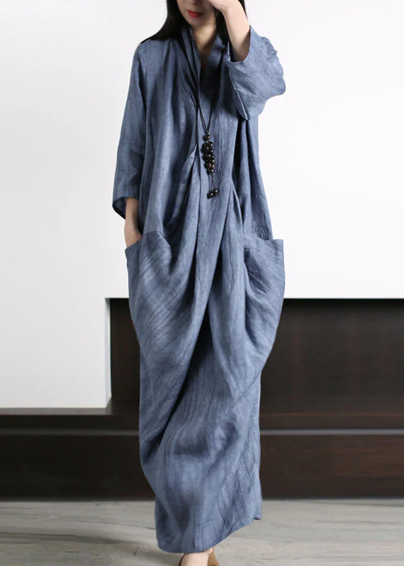 Vetro Blue V Neck Print Wrinkled Asymmetrical Linen Maxi Dress Long Sleeve - republicanstateiVetro Blue V Neck Print Wrinkled Asymmetrical Linen Maxi Dress Long Sleeve - republicanstatei