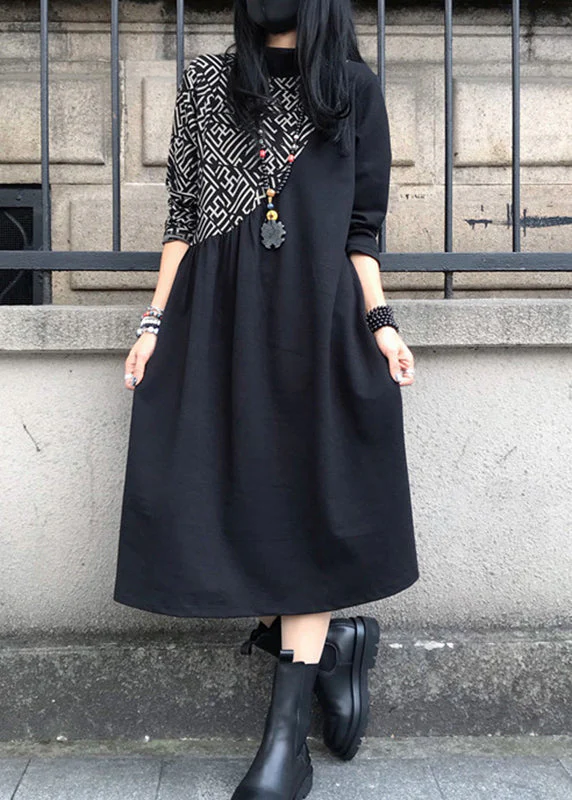 Women Black O-Neck Asymmetrical Patchwork Cotton Maxi Dress Long Sleeve - republicanstateiWomen Black O-Neck Asymmetrical Patchwork Cotton Maxi Dress Long Sleeve - republicanstatei