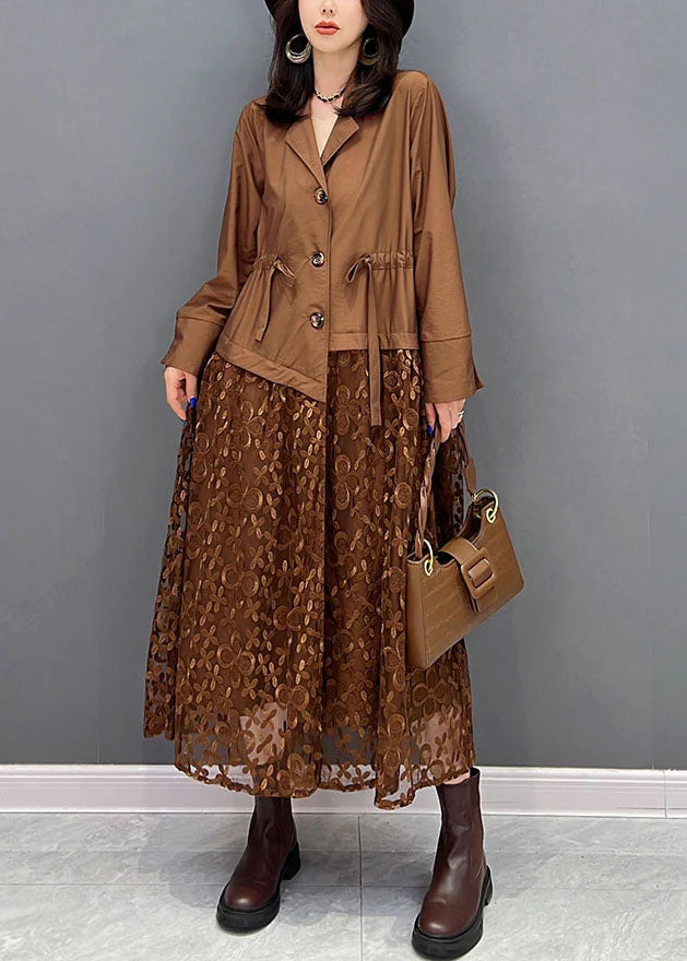 French Chocolate Notched Collar Drawstring Patchwork Tulle Silk Cinch Dress Fall - republicanstateiFrench Chocolate Notched Collar Drawstring Patchwork Tulle Silk Cinch Dress Fall - republicanstatei