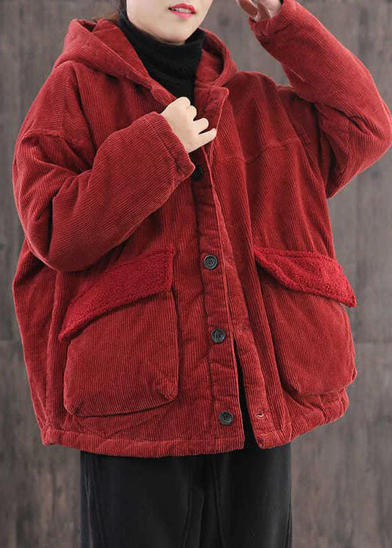 Plus Size Red Hooded Pockets Fine Cotton Filled Corduroy Parka Jacket Winter - republicanstateiPlus Size Red Hooded Pockets Fine Cotton Filled Corduroy Parka Jacket Winter - republicanstatei