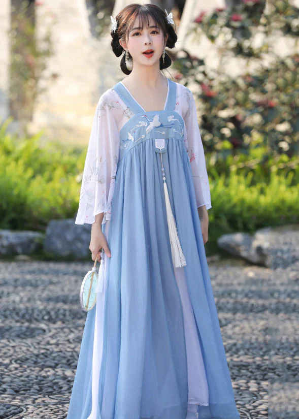 Unique Blue Embroideried Tasseled Wrinkled Patchwork Chiffon Long Dress Fall - republicanstateiUnique Blue Embroideried Tasseled Wrinkled Patchwork Chiffon Long Dress Fall - republicanstatei