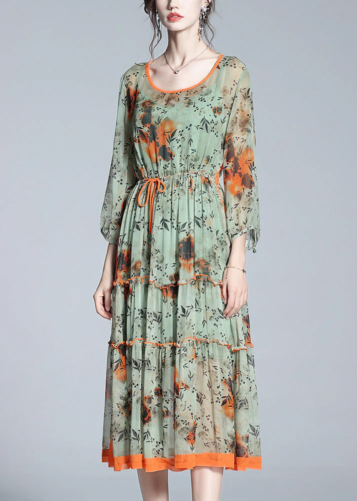 French Grass Green Print Patchwork Drawstring Tie Waist Silk Maxi Dress Spring - republicanstateiFrench Grass Green Print Patchwork Drawstring Tie Waist Silk Maxi Dress Spring - republicanstatei