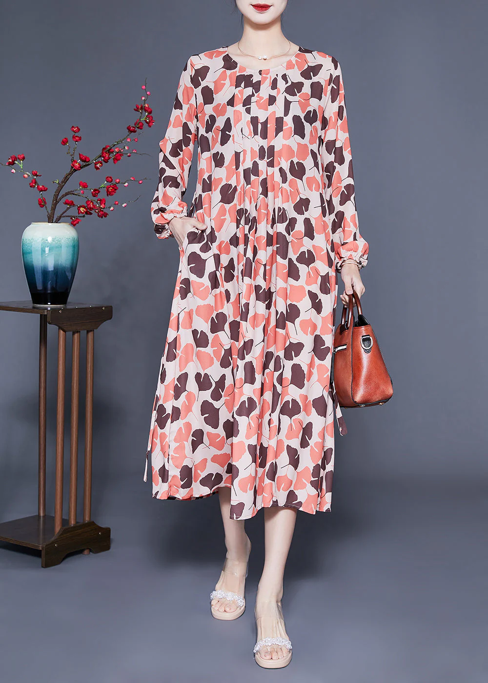 Elegant Orange Oversized Print Exra Large Hem Silk Pleated Dress Spring - republicanstateiElegant Orange Oversized Print Exra Large Hem Silk Pleated Dress Spring - republicanstatei