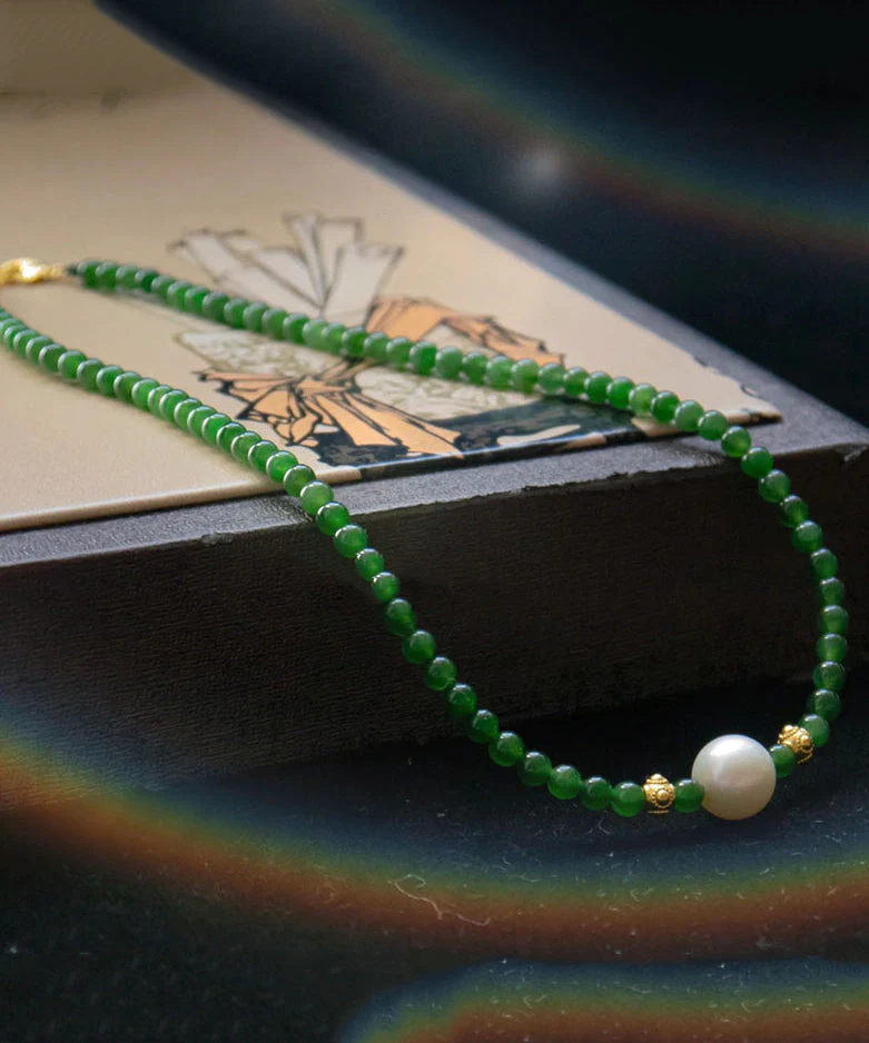Modern Green Sterling Silver Overgild Jade Pearl Graduated Bead Necklace - republicanstateiModern Green Sterling Silver Overgild Jade Pearl Graduated Bead Necklace - republicanstatei