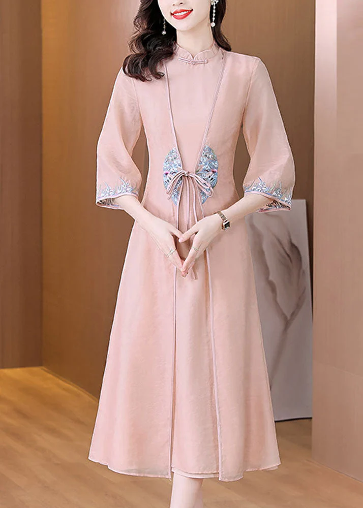 Chinese Style Apricot Stand Collar Embroidered Patchwork Tie Waist Silk Maxi Dress Long Sleeve - republicanstateiChinese Style Apricot Stand Collar Embroidered Patchwork Tie Waist Silk Maxi Dress Long Sleeve - republicanstatei