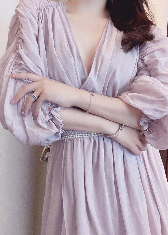 Elegant Light Purple V Neck Asymmetrical Pearl Tie Waist Silk Maxi Dress Puff Sleeve - republicanstateiElegant Light Purple V Neck Asymmetrical Pearl Tie Waist Silk Maxi Dress Puff Sleeve - republicanstatei