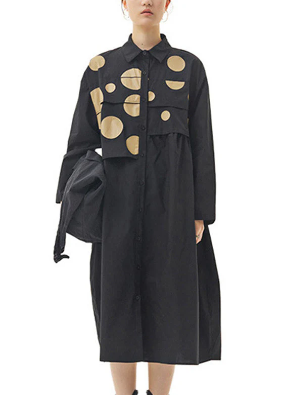 Fashion Black Peter Pan Collar Dot Patchwork Button Cotton Long Dress Spring - republicanstateiFashion Black Peter Pan Collar Dot Patchwork Button Cotton Long Dress Spring - republicanstatei
