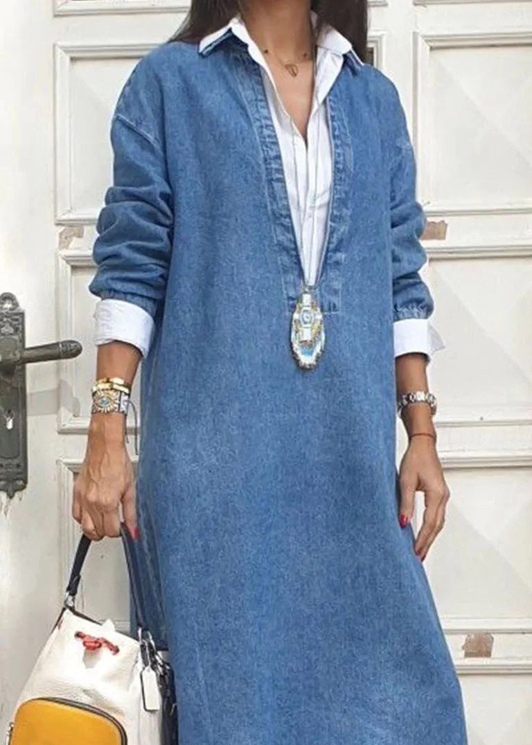 Women Blue Peter Pan Collar False Two Pieces Patchwork Denim Dresses Long Sleeve - republicanstateiWomen Blue Peter Pan Collar False Two Pieces Patchwork Denim Dresses Long Sleeve - republicanstatei