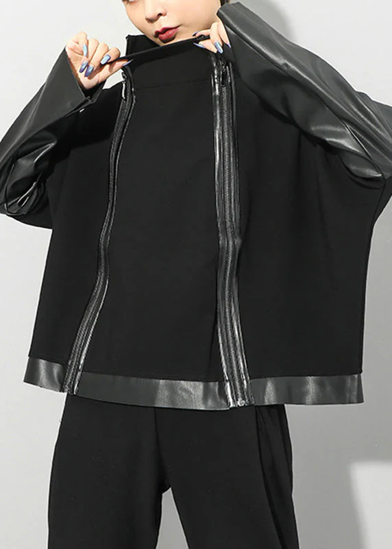 Beautiful Black Stand Collar Zip Up Faux Leather Patchwork Coat Long Sleeve - republicanstateiBeautiful Black Stand Collar Zip Up Faux Leather Patchwork Coat Long Sleeve - republicanstatei