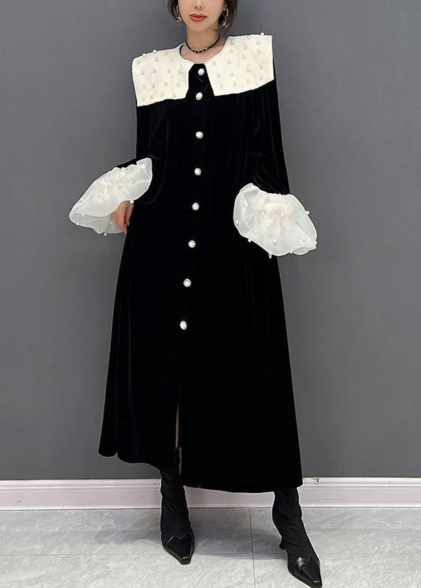 Elegant Black Peter Pan Collar Patchwork Nail Bead Silk Velour Dresses Spring - republicanstateiElegant Black Peter Pan Collar Patchwork Nail Bead Silk Velour Dresses Spring - republicanstatei
