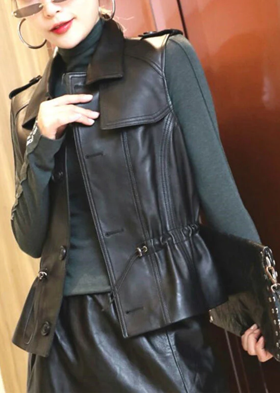 Brief Black Peter Pan Collar Drawstring Button Sheepskin Waistcoat Sleeveless - republicanstateiBrief Black Peter Pan Collar Drawstring Button Sheepskin Waistcoat Sleeveless - republicanstatei