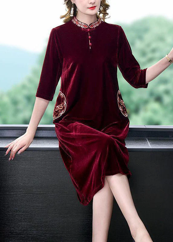 Art Mulberry Mandarin Collar Embroideried Silk Velour A Line Dress Half Sleeve - republicanstateiArt Mulberry Mandarin Collar Embroideried Silk Velour A Line Dress Half Sleeve - republicanstatei