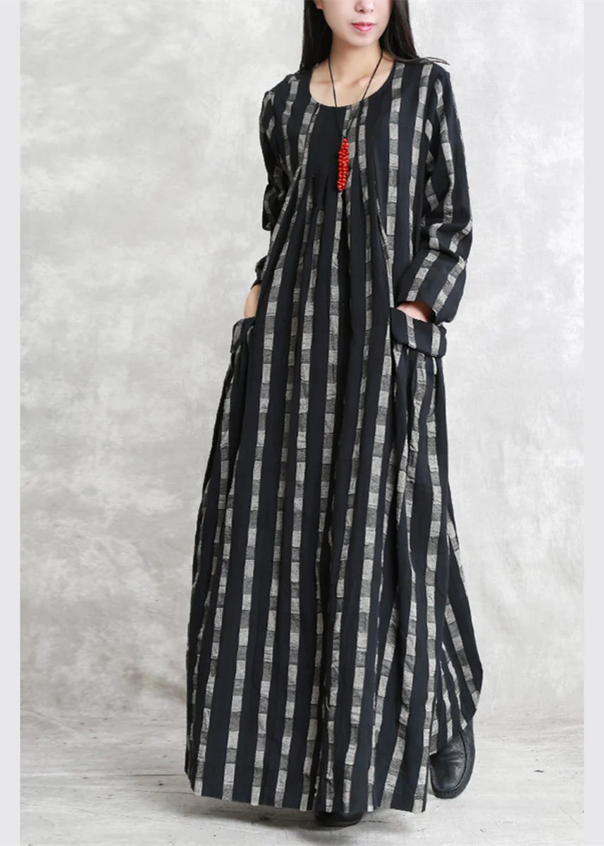 fine black Plaid natural linen dress plus size O neck patchwork linen maxi dress 2018 long sleeve pockets dresses - republicanstateifine black Plaid natural linen dress plus size O neck patchwork linen maxi dress 2018 long sleeve pockets dresses - republicanstatei