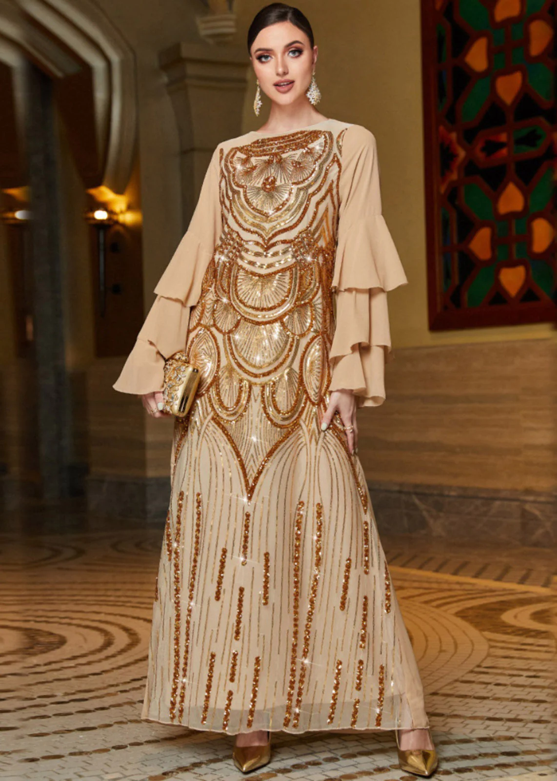 French Gold Embroideried Sequins Chiffon Maxi Dresses Butterfly Sleeve - republicanstateiFrench Gold Embroideried Sequins Chiffon Maxi Dresses Butterfly Sleeve - republicanstatei