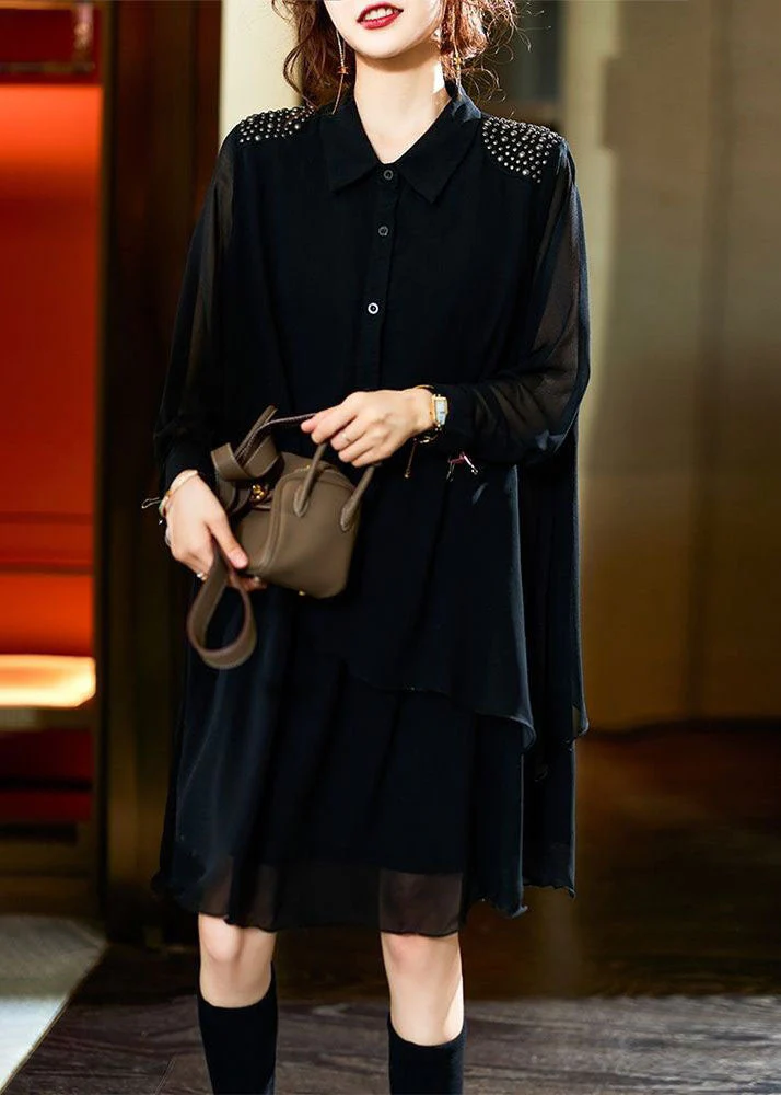 Style Black Peter Pan Collar Rivet Patchwork Chiffon Shirts Dresses Spring - republicanstateiStyle Black Peter Pan Collar Rivet Patchwork Chiffon Shirts Dresses Spring - republicanstatei
