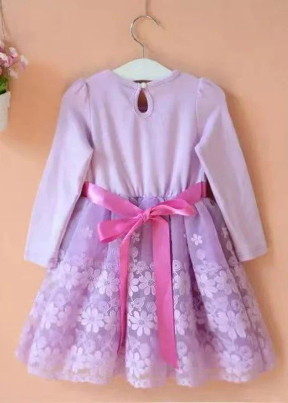 Chic Purple O-Neck Embroideried Floral Patchwork Tie Waist Tulle Kids Mid Dress Long Sleeve - republicanstateiChic Purple O-Neck Embroideried Floral Patchwork Tie Waist Tulle Kids Mid Dress Long Sleeve - republicanstatei