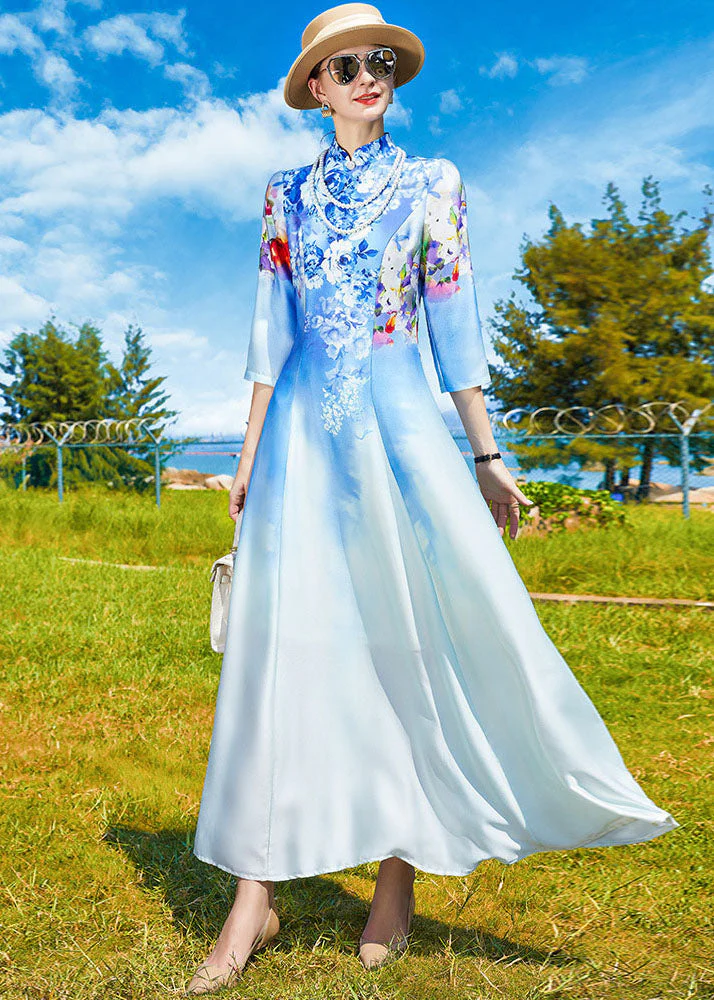 Vintage Sky Blue Stand Collar Print Exra Large Hem Silk Dress Cheongsam Bracelet Sleeve - republicanstateiVintage Sky Blue Stand Collar Print Exra Large Hem Silk Dress Cheongsam Bracelet Sleeve - republicanstatei